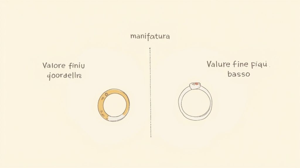 Immagine che illustra due anelli e il loro valore in base alla manifattura, con etichette esplicative in italiano.