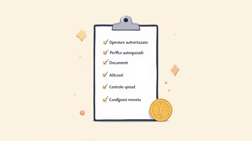 Una clipboard con una checklist completa che elenca elementi finanziari, affiancata da una moneta d'oro.