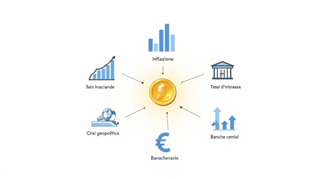 Un diagramma illustra diversi fattori macroeconomici e geopolitici (inflazione, tassi, crisi) che influenzano il valore della valuta.