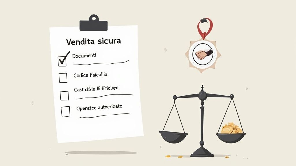 Checklist per vendita sicura con documenti, stretta di mano e bilancia che pesa monete d'oro.