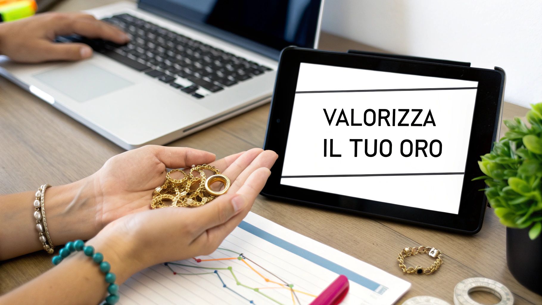 Donna che tiene gioielli in oro con tablet che mostra 'Valorizza il tuo oro' per vendita oro usato