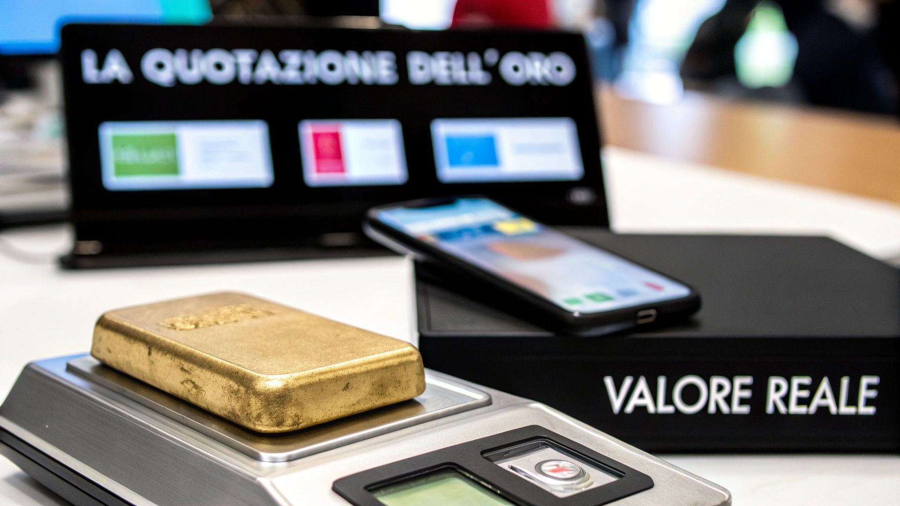 Lingotto d'oro su bilancia digitale con display quotazione dell'oro e smartphone in compro oro