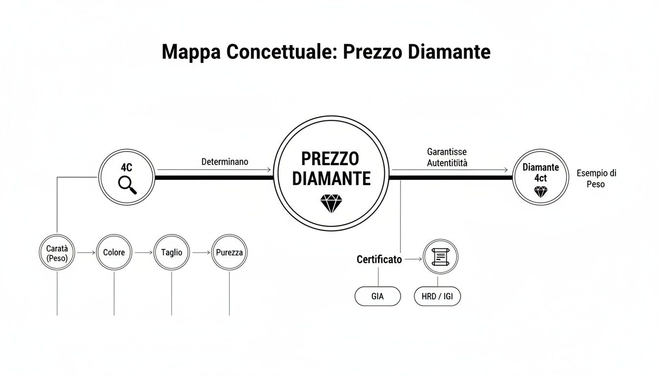 Mappa concettuale dettagliata che illustra i fattori che determinano il prezzo di un diamante, inclusi le 4C e la certificazione.
