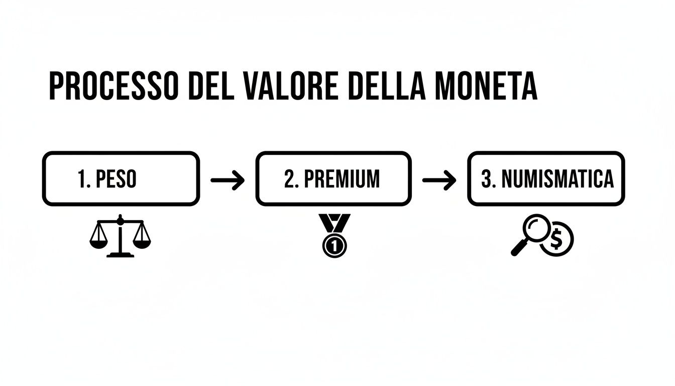 Diagramma di flusso che illustra il processo del valore di una moneta, includendo peso, premium e numismatica.
