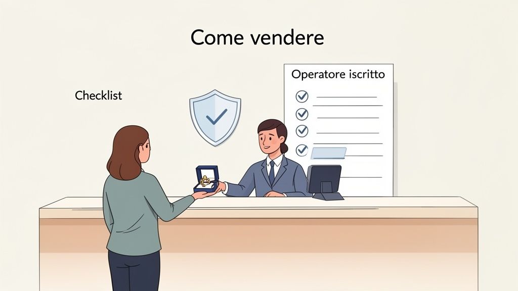 Illustrazione di una donna che vende gioielli a un operatore registrato, con checklist per una vendita sicura e trasparente.