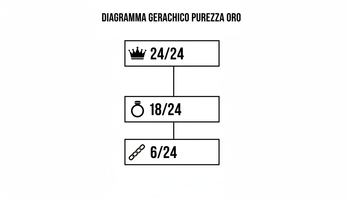 Diagramma gerarchico della purezza dell'oro, con livelli 24/24, 18/24 e 6/24 carati e icone.
