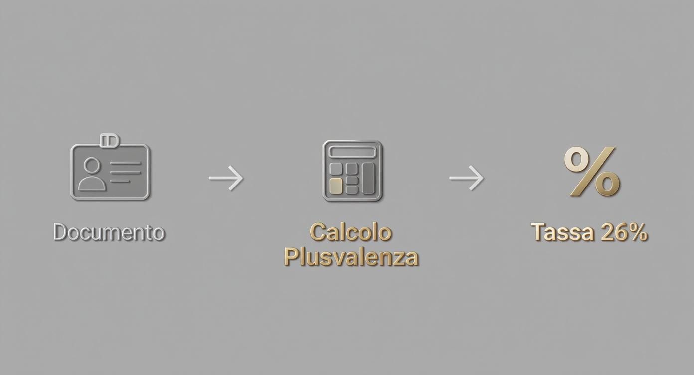 Schema a tre passi che mostra il processo di calcolo delle plusvalenze e applicazione della tassa del 26%.