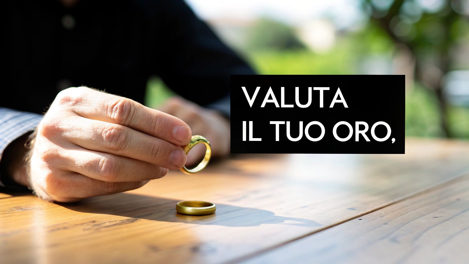 Mano che tiene un anello d'oro con testo 'Valuta il tuo oro' per servizio di valutazione gioielli