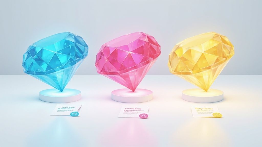 Tre diamanti stilizzati luminosi (blu, rosa, giallo) su piedistalli bianchi, con etichette descrittive.