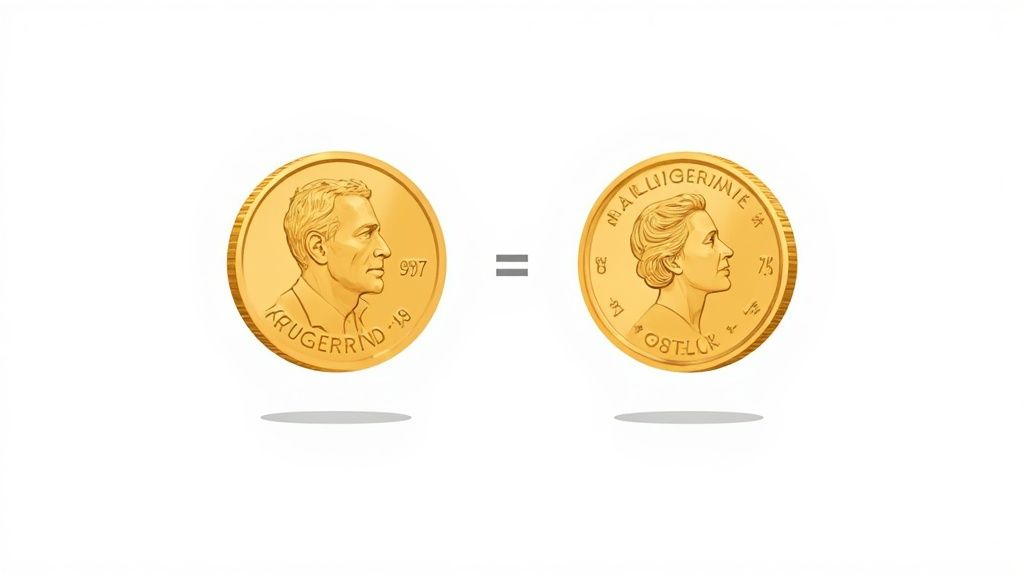 Due monete d'oro lucide, una Krugerrand e una con il profilo di una donna, separate da un segno di uguale.