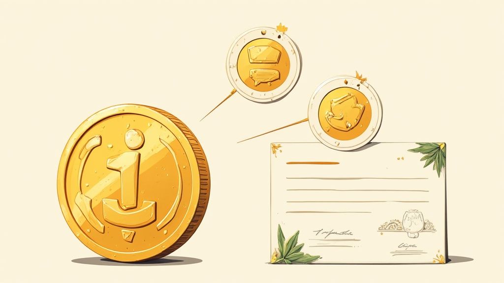 Moneta d'oro con 'i', collegata a icone di chat e ricompensa, e un documento decorato con foglie.