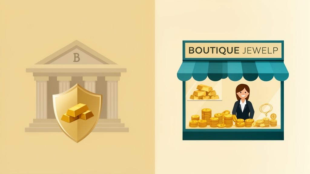 Icona di banca con lingotti d'oro protetti da uno scudo e negozio di gioielli con commessa, lingotti e monete d'oro.