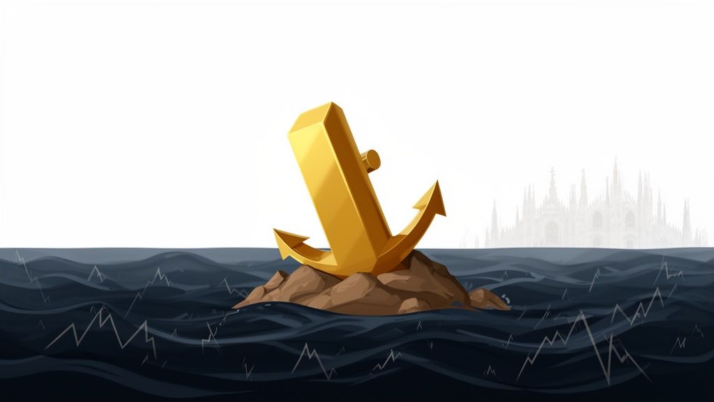 Ancora d'oro su isola rocciosa in mare agitato, con skyline di città gotica sullo sfondo e grafici finanziari.