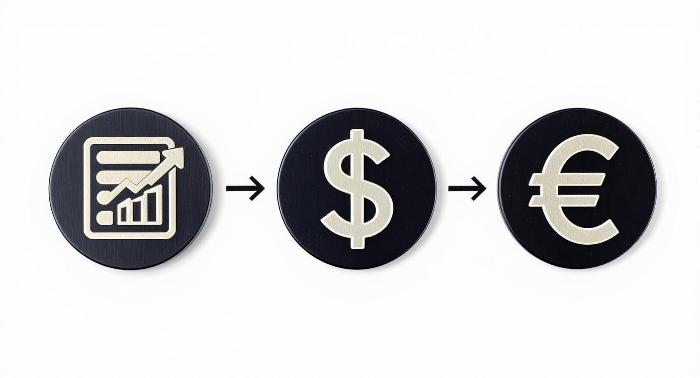 Rappresentazione visiva del progresso finanziario da grafici a valute internazionali come dollaro ed euro.