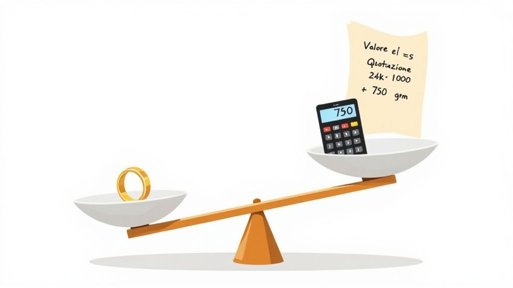 Una bilancia mostra un anello d'oro su un piatto e un calcolatore con note sulla quotazione dell'oro sull'altro.