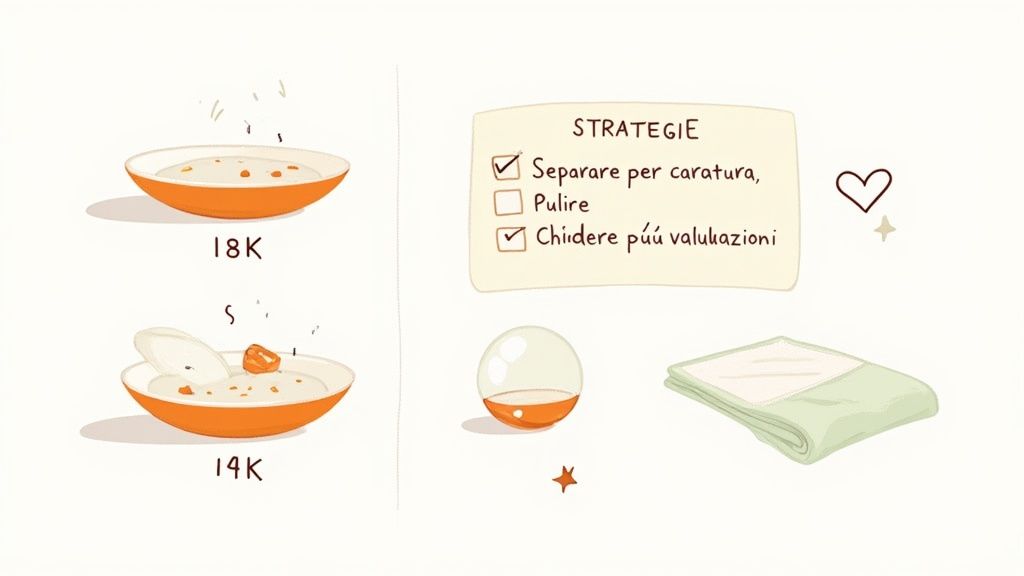 Immagine illustrativa di strategie per la valutazione dell'oro, separando per caratura (18K, 14K) e richiedendo più stime.