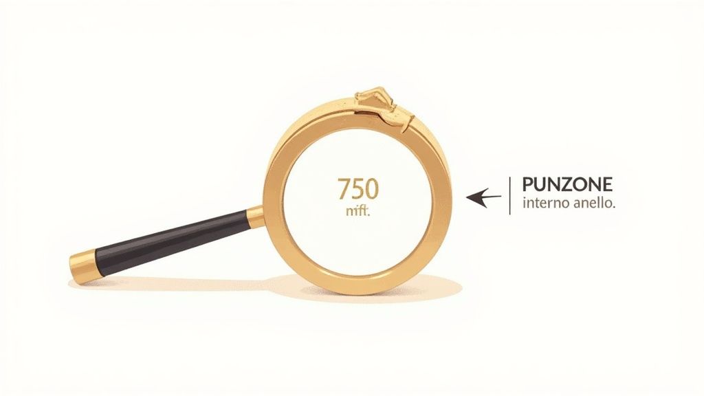 Una lente d'ingrandimento mostra un anello d'oro con il punzone "750 mift." all'interno, indicando la purezza.