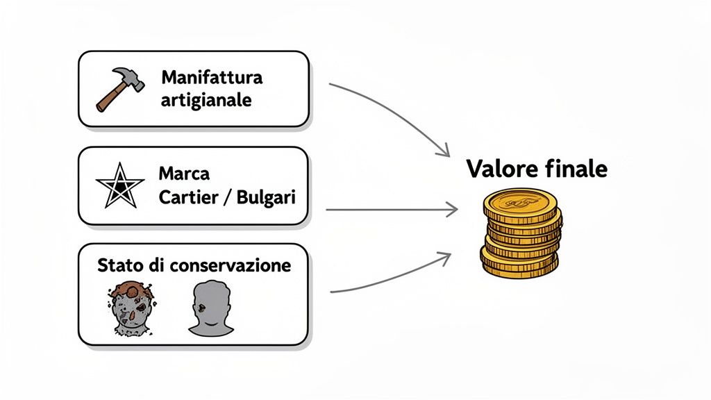 Diagramma che illustra come la manifattura artigianale, la marca e lo stato di conservazione influenzano il valore finale.