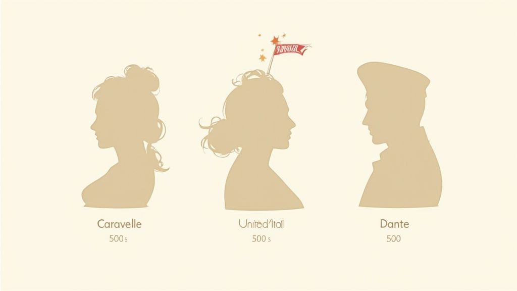 Tre sagome di profilo, due donne e un uomo, con nomi Caravelle, United d'Ital, Dante e il valore '500'.