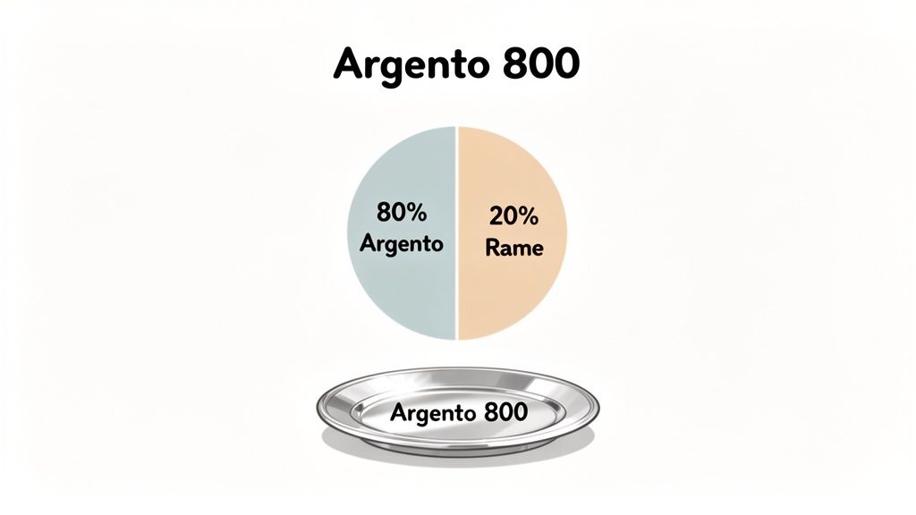 Grafico a torta e piatto che illustrano la composizione dell'Argento 800: 80% argento, 20% rame.