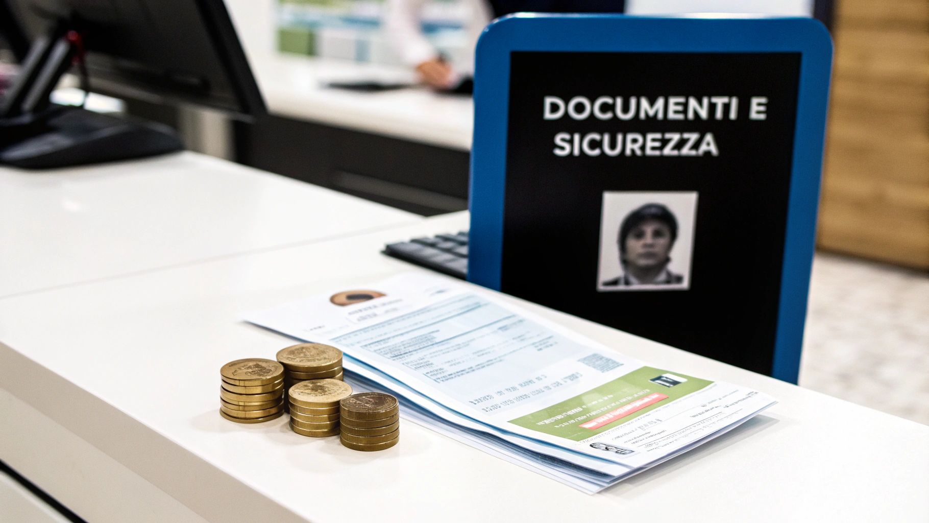 Documenti identificativi e monete d'oro su scrivania per vendita oro usato in sicurezza