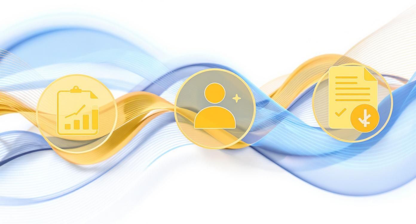 Tre icone dorate rappresentano analisi dati, profilo utente e documenti finanziari su sfondo ondulato blu e dorato
