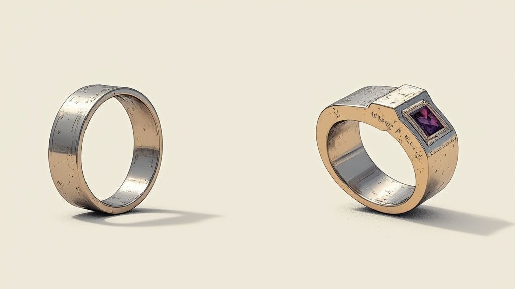 Due anelli, uno semplice in metallo chiaro, l'altro dorato con una gemma viola, su sfondo neutro.