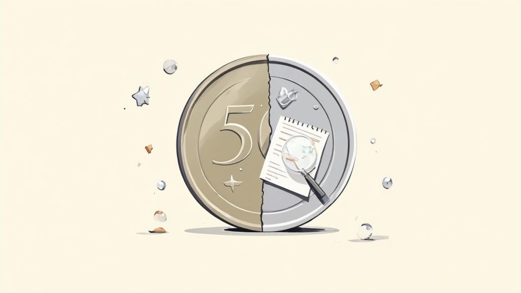 Moneta da 50 divisa a metà con lente d'ingrandimento su un foglio, simbolo di analisi finanziaria.