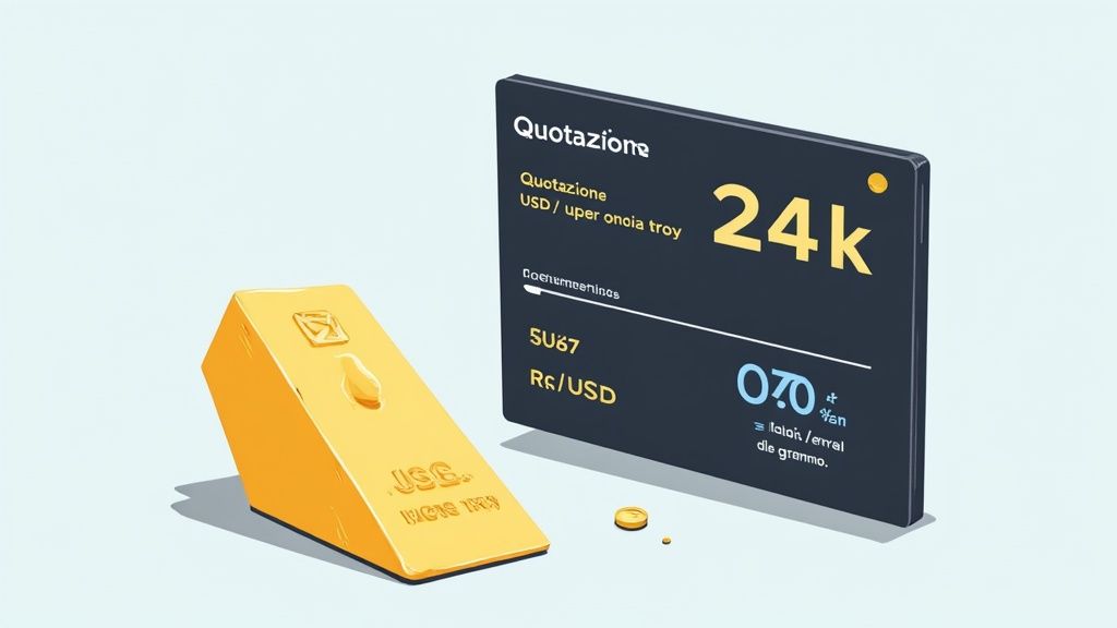 Un lingotto d'oro, monete e un display digitale mostrano la quotazione dell'oro a 24k.