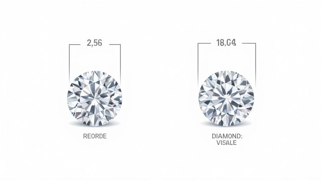 Due diamanti brillanti rotondi di diverse dimensioni, uno da 2,56 e l'altro da 18,64, etichettati.