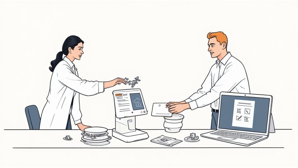 Una donna scienziata e un uomo d'affari interagiscono con schermi e documenti su un banco.