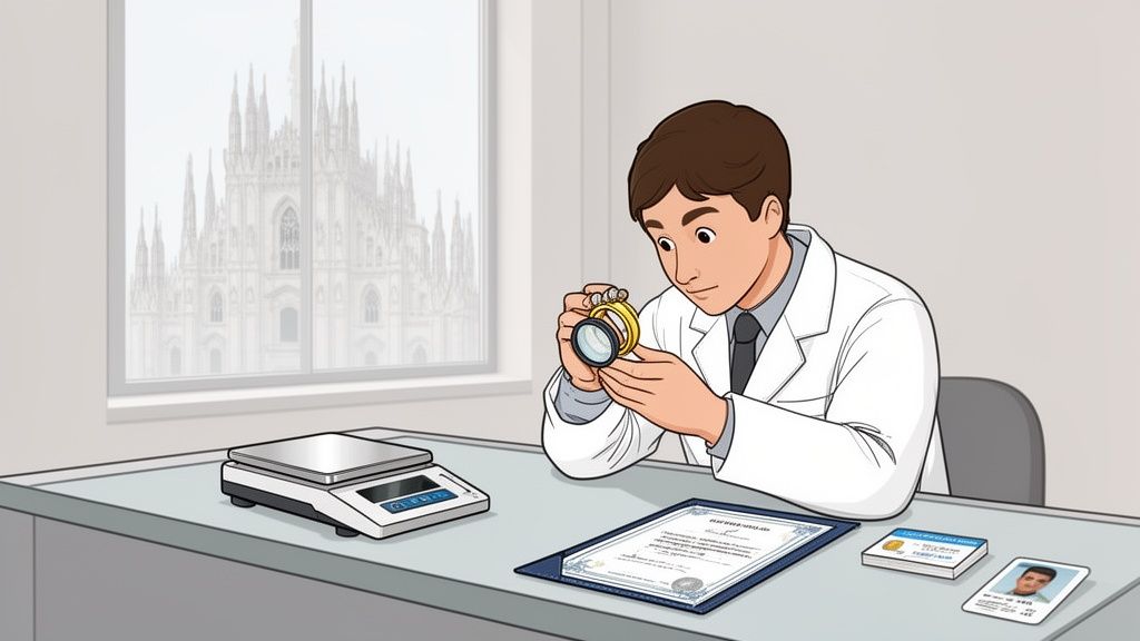 Un uomo in camice bianco esamina un anello d'oro con una lente, su un tavolo con bilancia e documenti, sullo sfondo il Duomo di Milano.