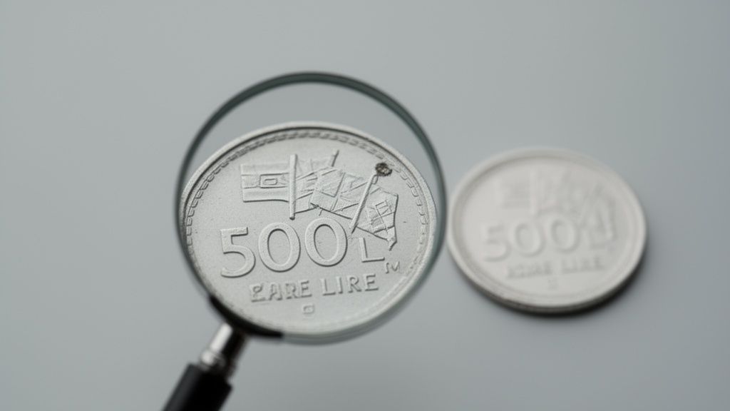 Una lente d'ingrandimento mostra in dettaglio una moneta italiana da 500 lire, con un'altra moneta sfocata sullo sfondo.