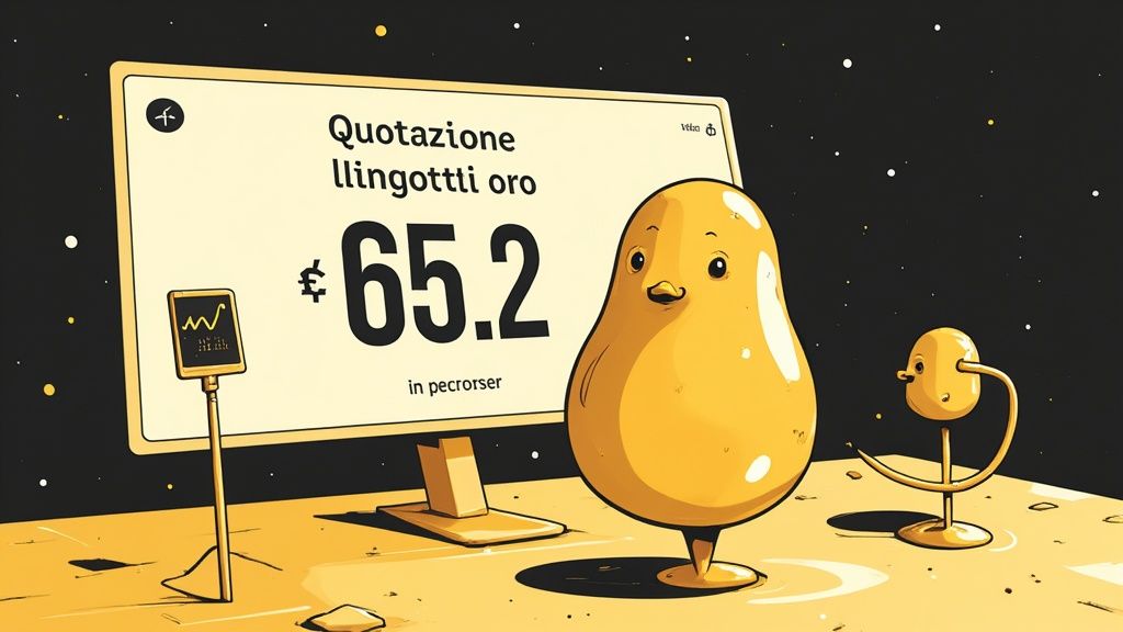 Monitor mostra quotazione lingotti oro 65.2 in un ambiente spaziale, con simpatici personaggi animati.