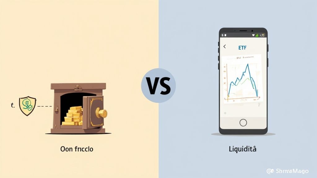 Immagine comparativa tra oro fisico in una cassaforte e investimenti liquidi (ETF) su smartphone.