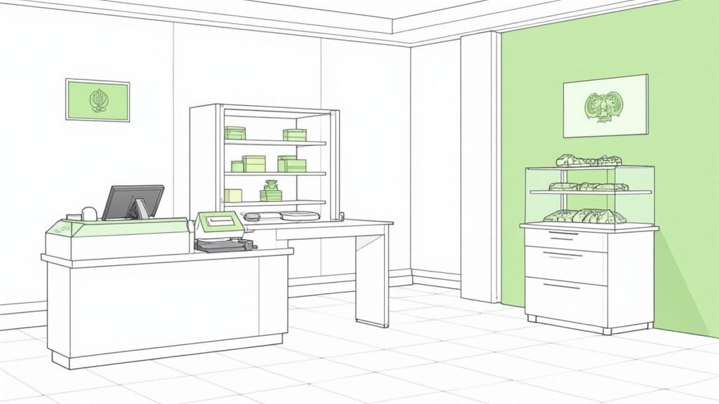 Interno stilizzato di un negozio o ufficio con bancone, monitor, bilancia, scaffali con scatole e vetrina per alimenti, su sfondo verde e bianco.