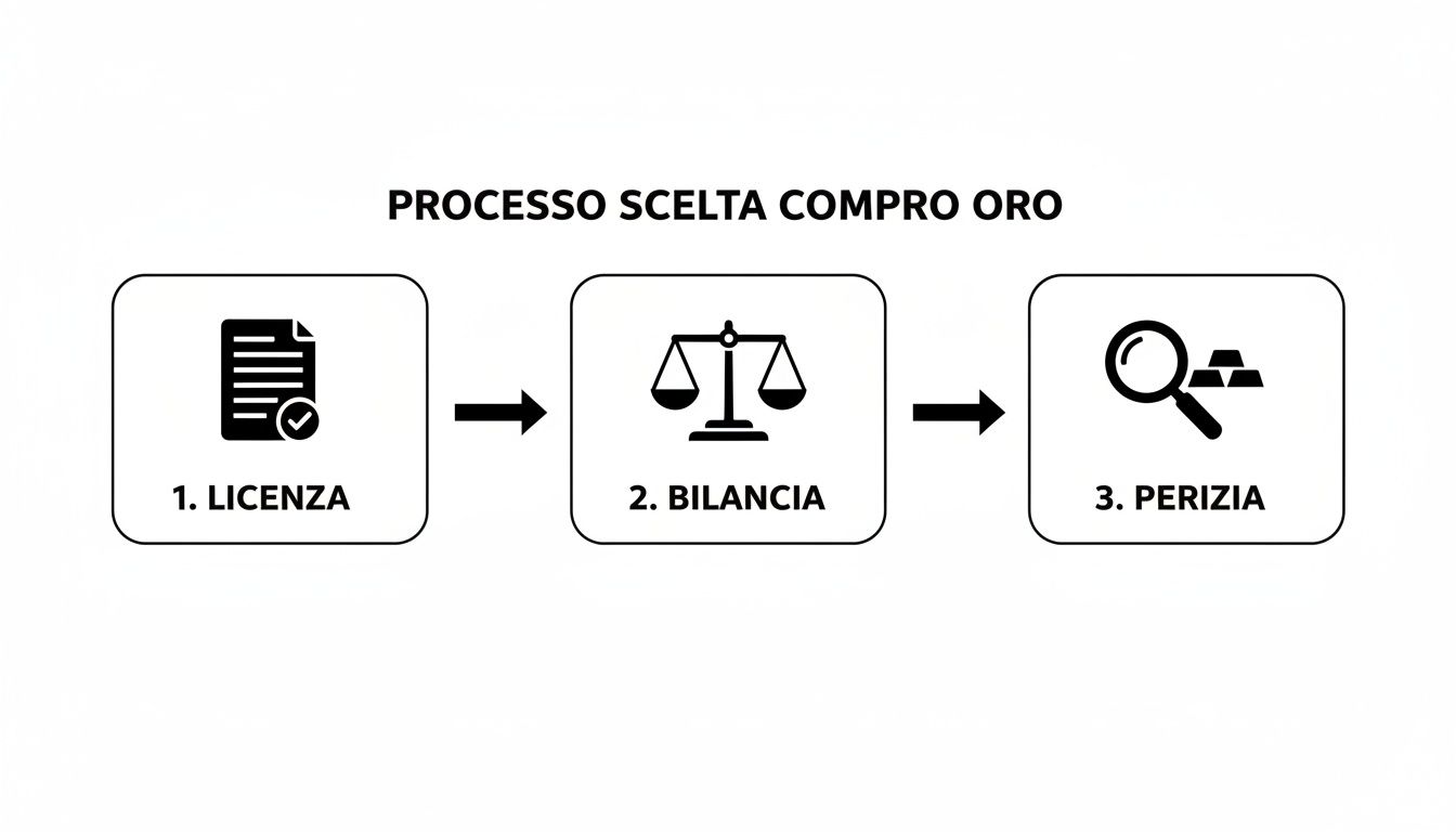 Illustrazione schematica del processo di acquisto oro: licenza, pesatura con bilancia e perizia professionale per la valutazione.