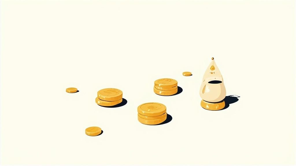 Monete d'oro impilate e sparse su una superficie chiara, accanto a un oggetto stilizzato dorato.