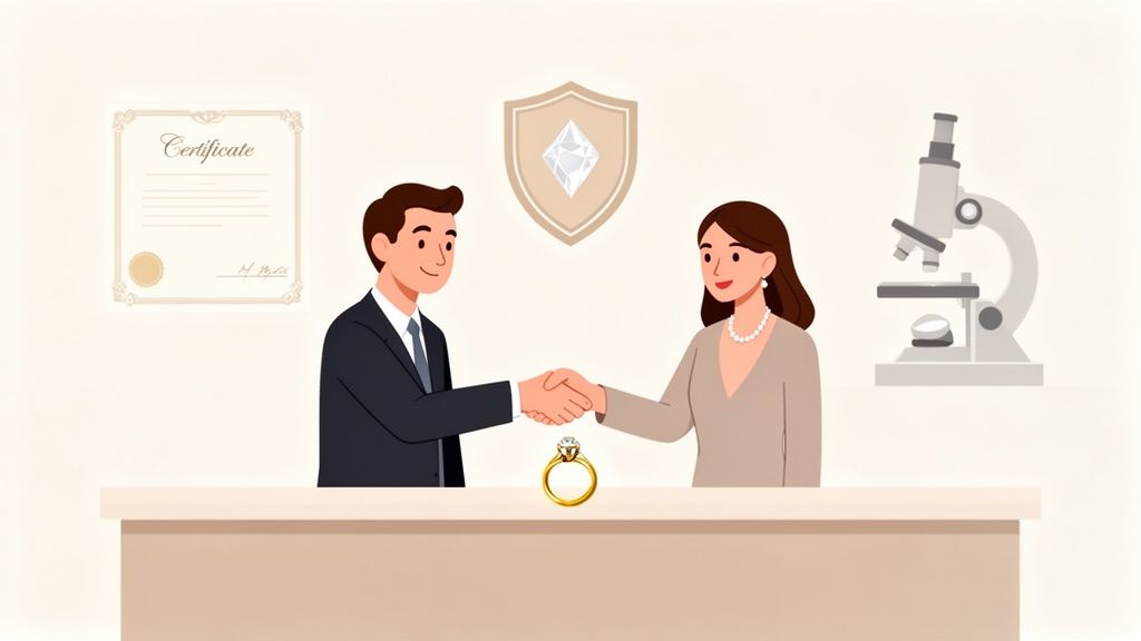 Illustrazione di uomo e donna che si stringono la mano per un affare, con anello di diamanti, certificato e microscopio.