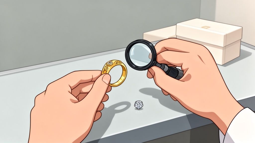 Mani esaminano un anello d'oro inciso con una lente d'ingrandimento e un diamante lucido su un tavolo.
