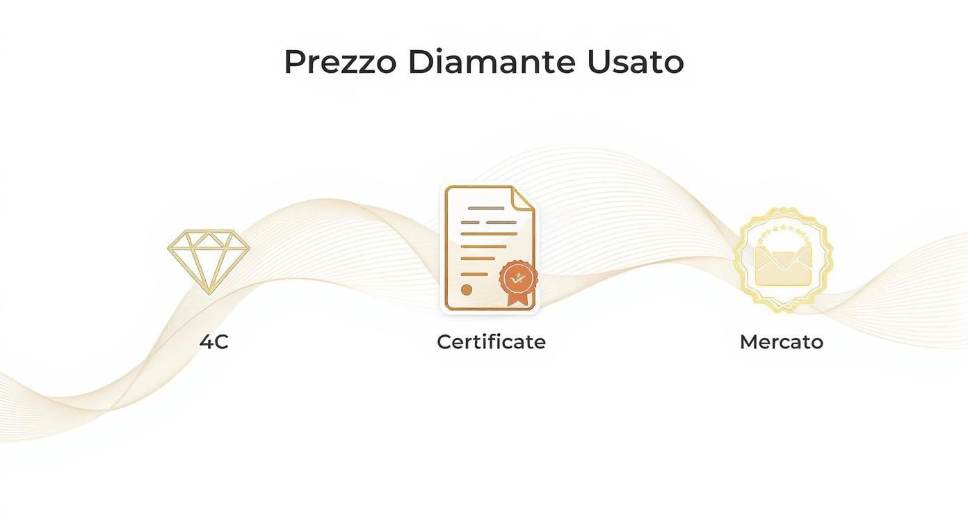 Diagramma che illustra i fattori chiave per il prezzo di un diamante usato: le 4C, il certificato e il mercato.