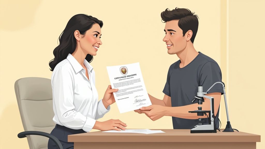 Una donna sorridente consegna un certificato a un uomo sorridente seduti a un tavolo, con un microscopio.