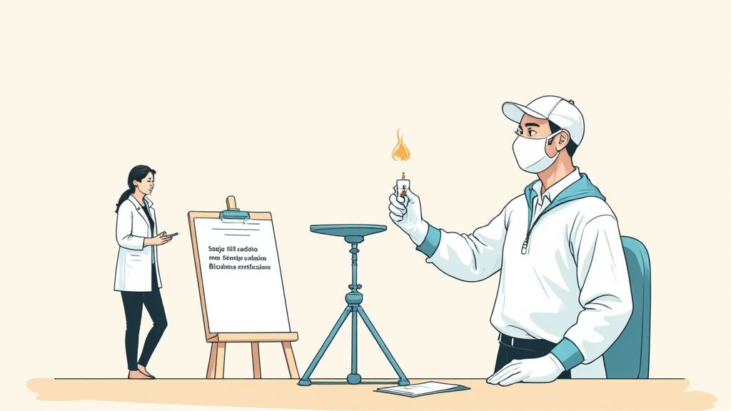 Due scienziati in laboratorio: una donna accanto a una lavagna e un uomo che esamina una candela accesa.