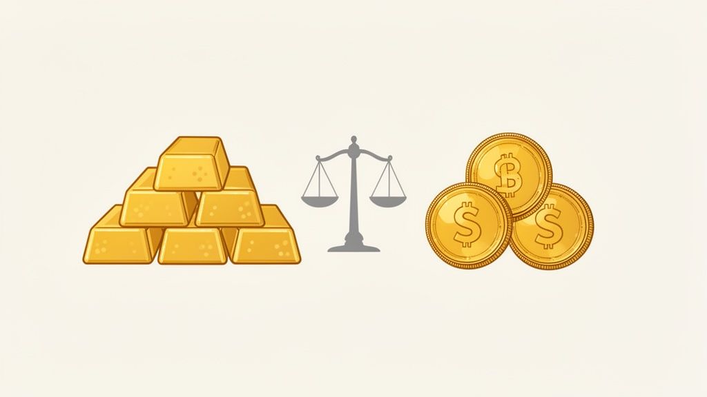 Lingotti d'oro, una bilancia e monete Bitcoin e dollaro, che rappresentano il confronto tra diverse forme di investimento.