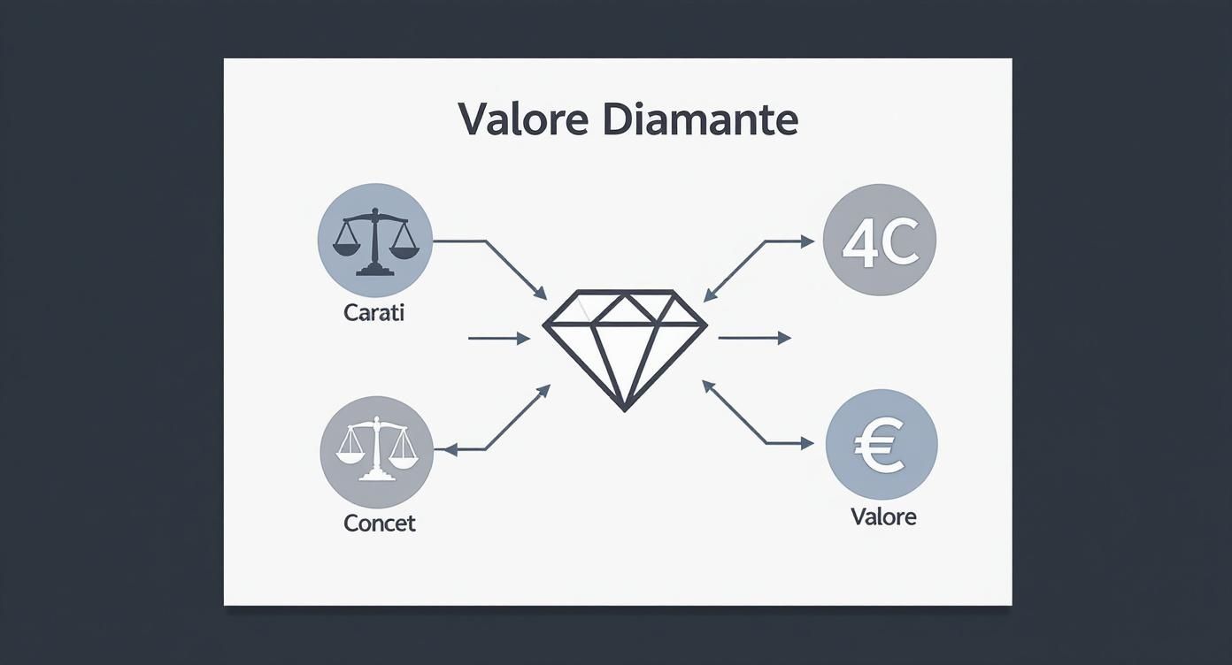 Infografica che mostra i fattori che influenzano il valore di un diamante, inclusi carati, le 4C e il prezzo finale.