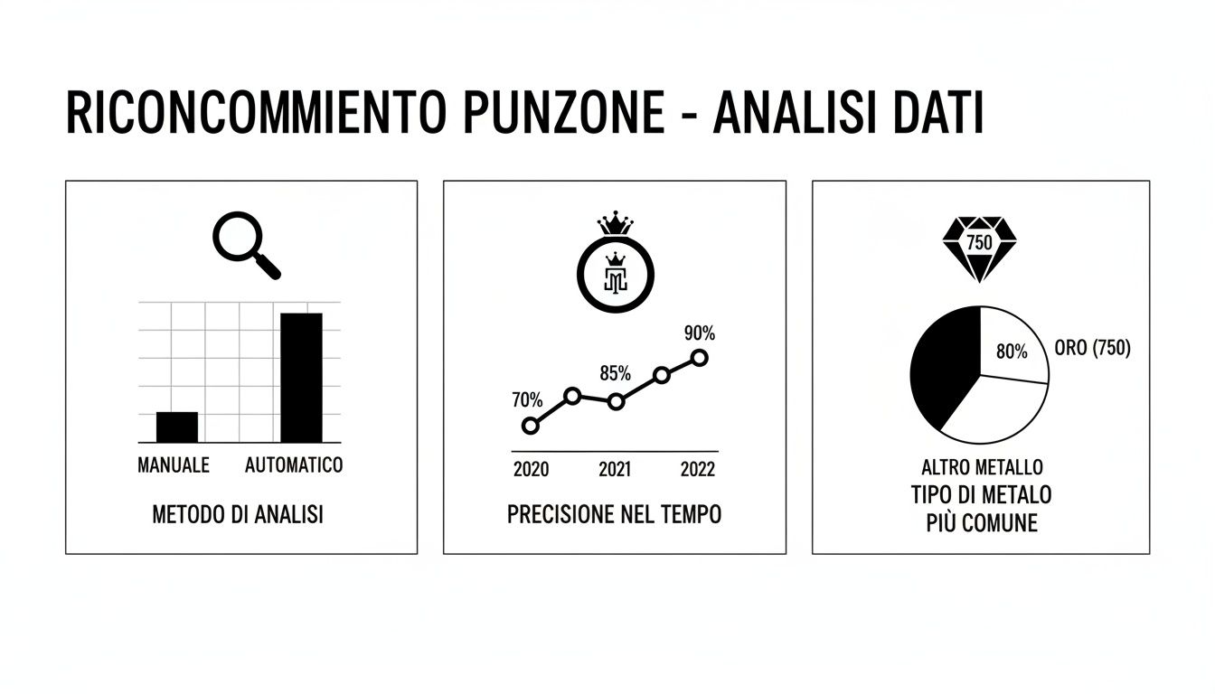 Grafici sull'analisi dei dati di punzonatura, inclusi metodo di analisi, precisione nel tempo e tipo di metallo più comune (oro 750).