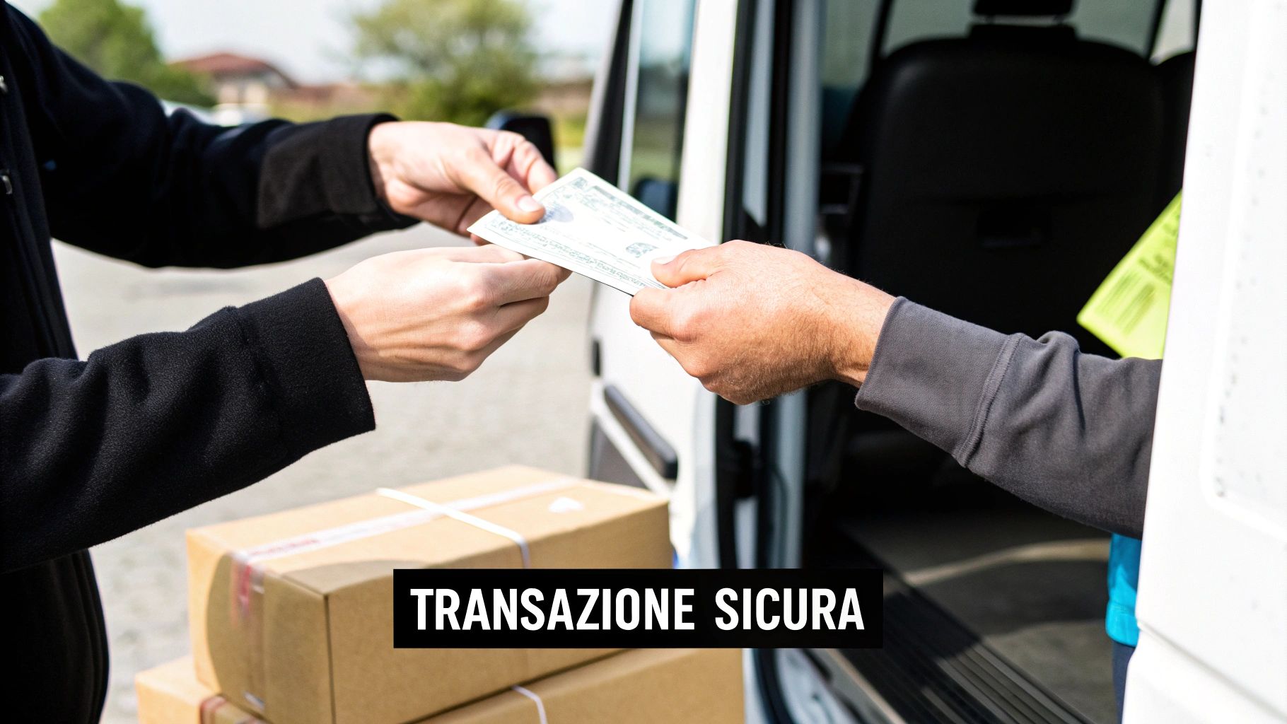 Transazione sicura: consegna di pacchi con pagamento tramite assegno tra due persone