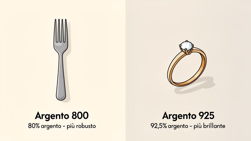 Confronto tra una forchetta in Argento 800 (più robusto) e un anello in Argento 925 (più brillante).