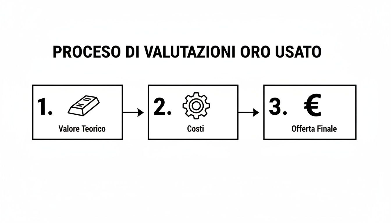 Diagramma che illustra il processo di valutazione dell'oro usato: valore teorico, costi e offerta finale.