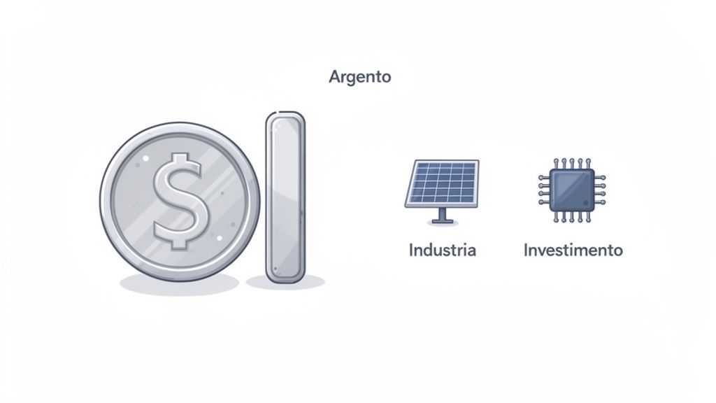 Illustrazione di una moneta d'argento, un pannello solare che rappresenta l'industria e un chip per l'investimento.
